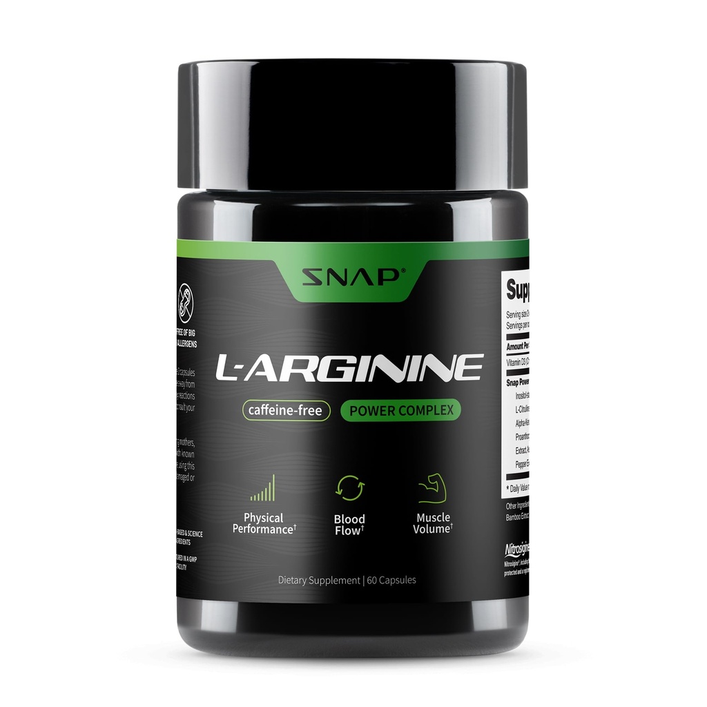 Snap Supplements L Arginine 캡슐 - 천연 에너지, 증가 된 혈액 흐름 및 근육 성장 및 심장 건강, 60 채식 캡슐 (30 서빙, 1 개월 공급) 지원