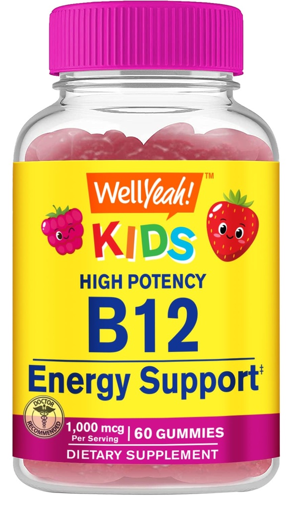 WellYeah 비타민 B12 아이들을위한 Gummies - 부스트 에너지, 두뇌 기능을 개선하고 면역 체계를 강화하십시오 - 비 GMO, 글루텐 - 무료 - 훌륭한 맛 - Chew - 60 Gummies