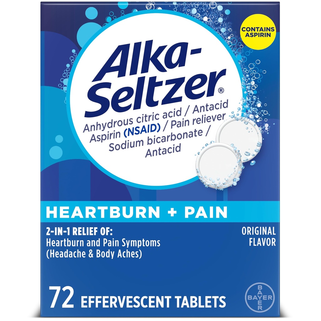 Alka-Seltzer Heartburn + Pain Effervescent Aspirin + Antacid Tablets, 빠른 Heartburn Relief 및 산성 Indigestion Relief, Aspirin, 72 Ct와 통증 완화