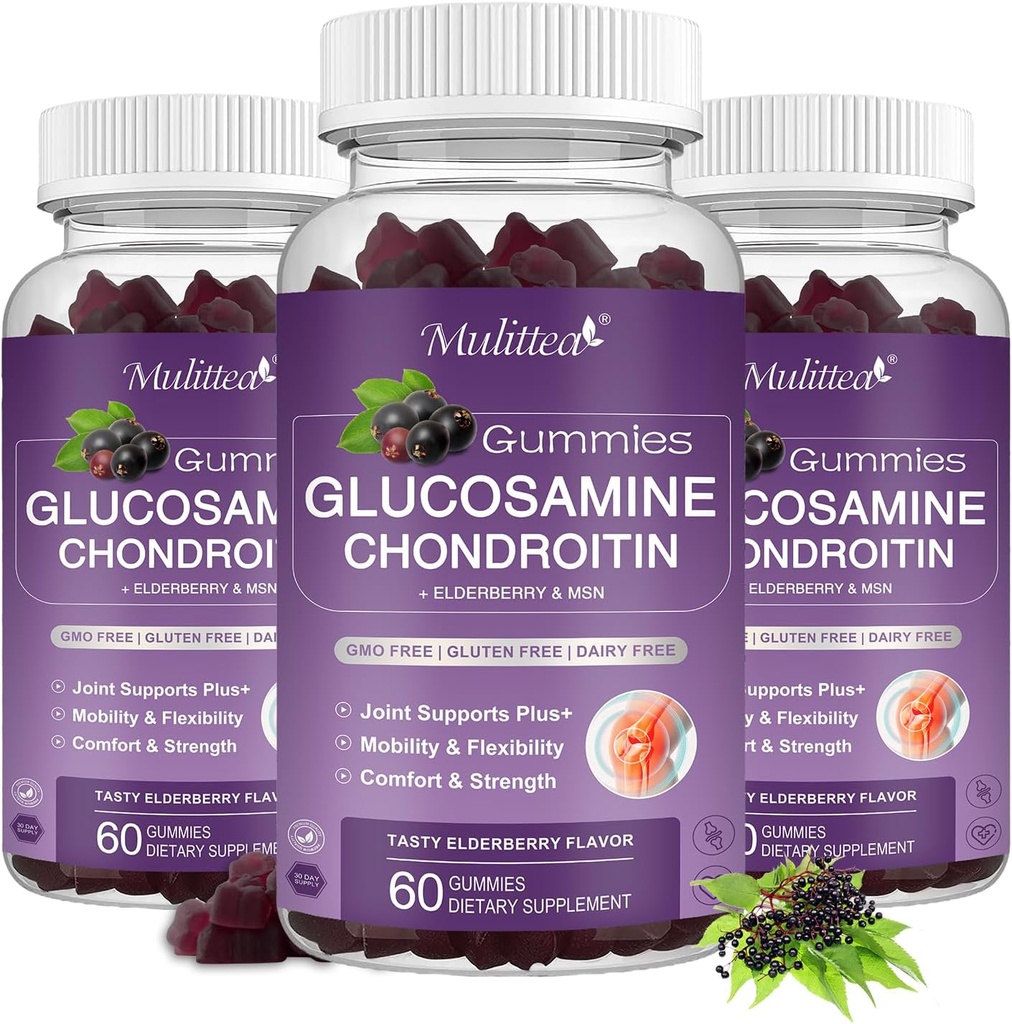Mulittea Glucosamine Chondroitin Gummies - MSM 및 Elderberry를 가진 여분 힘 합동 지원 보충교재, 성인, 남자 & 여자 (3 팩)를 위한 산화 방지제 면역성이 있는 지원