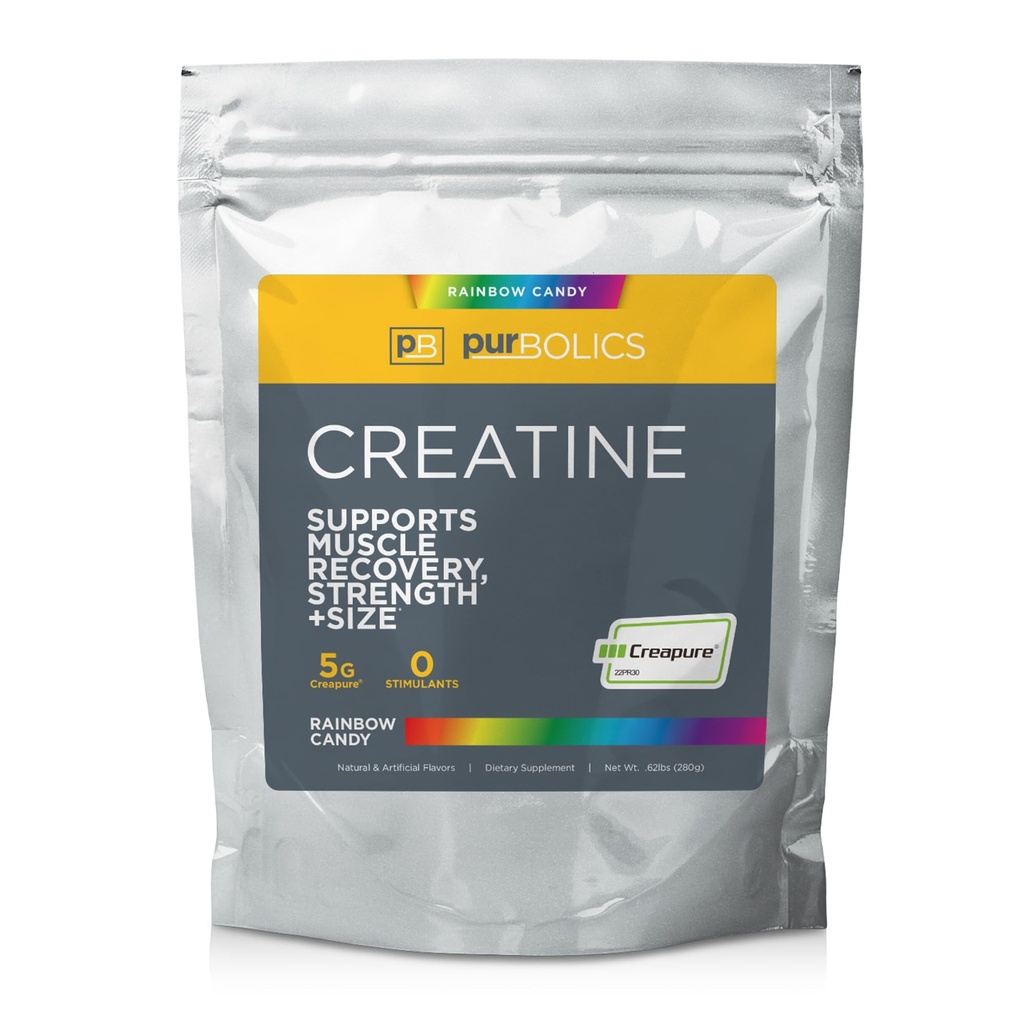Purbolic Creapure Creatine Monohydrate, Micronized Creatine 5g, Elevate 운동 성과 및 회복, 구조 힘, 강화 펌프 (50 서빙, 무지개 캔디)