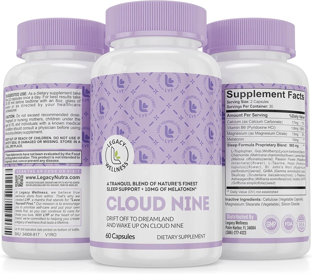 Cloud 9 - 모든 자연 수면 보조 보충 - 휴식 비타민 & 초본 공식 - 10mg Melatonin 칼슘 마그네슘 L-Theanine 5-HTP GABA St. John 's Wort Ashwagandha Chamomile & More 60 Vegan 캡슐
