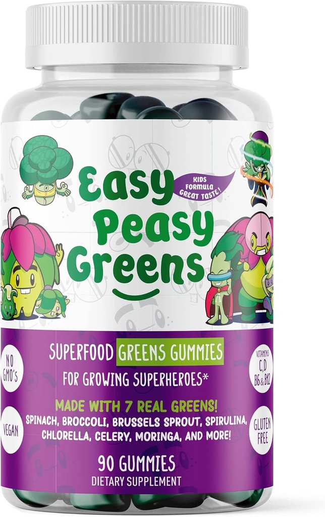 EasyPeasyGreens 아이들을위한 매일 Veggie Gummies - 90 Greens Gummies - Picky Eaters가 10 개의 Real Vegetable Extract 및 100 % Vegan으로 제작되었습니다.