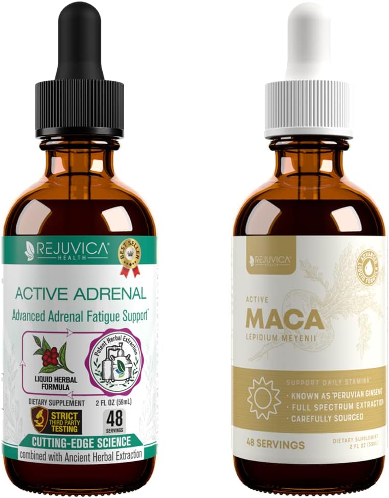 Rejuvica Health Active Adrenal + Active Maca - 지원 에너지 + 스트레스 - 더 나은 흡수를위한 액체 배달 - Rhodiola, Maca, Holy Basil, Ashwagandha & More!