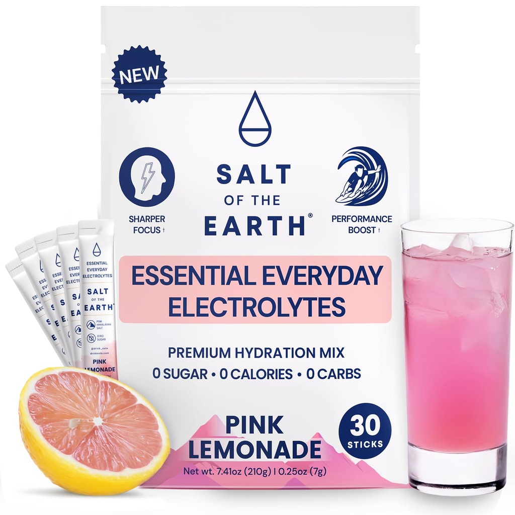 지구 프리미엄 Zero-Sugar Electrolyte 소금 - 핑크 히말라야 소금 - 히드라이즈 분말 패킷 | 프리미엄 성분 | Keto & Paleo Friendly | 30 Sticks, Pink Lemonade