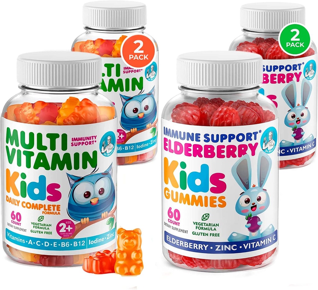 DR. MORITZ Elderberry Gummies for Kids (60 카운트 2 팩) 및 Kids Multivitamin Gummies Bundle (60 카운트, 2 팩) - 어린이 면역 지원 및 전반적인 건강을 위해