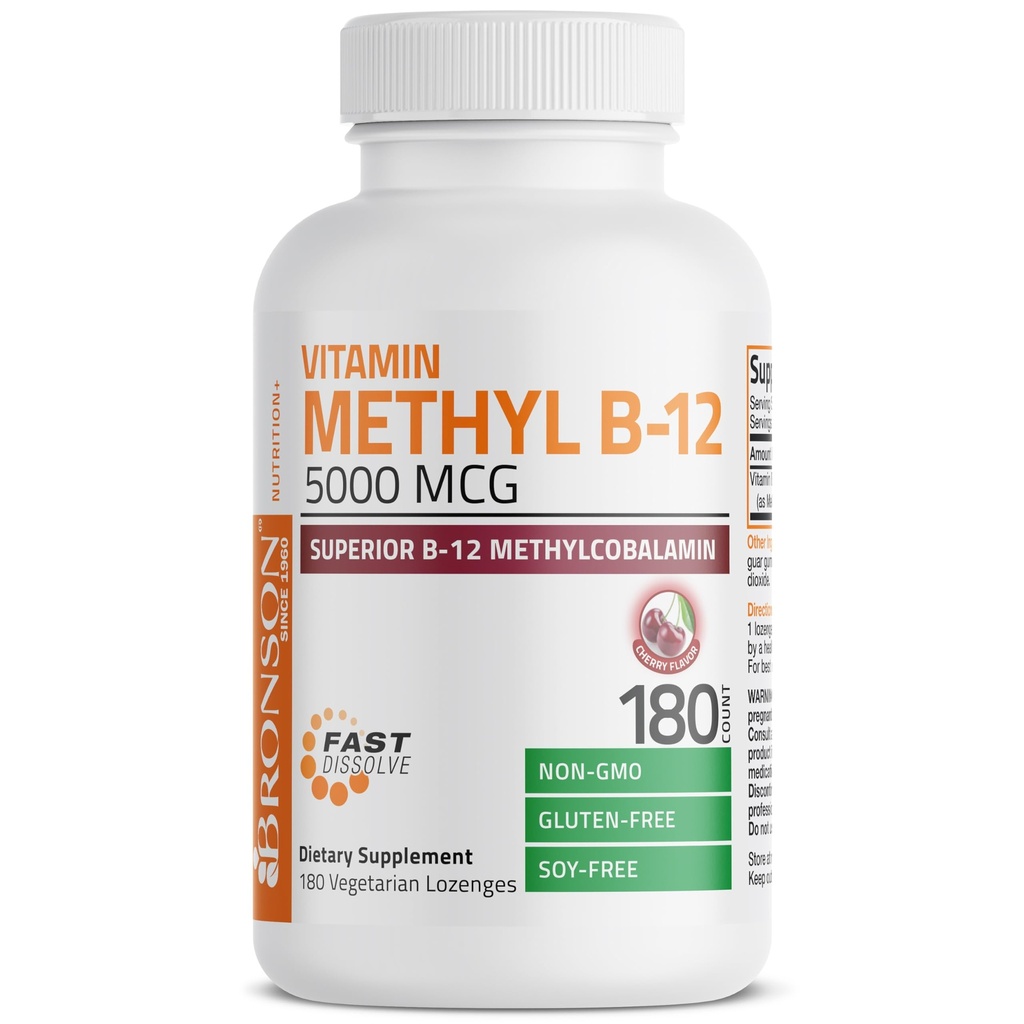Bronson 메틸 B12 5000 mcg 비타민 B12 Methylcobalamin 에너지 & 뇌 지원, 180 Lozenges