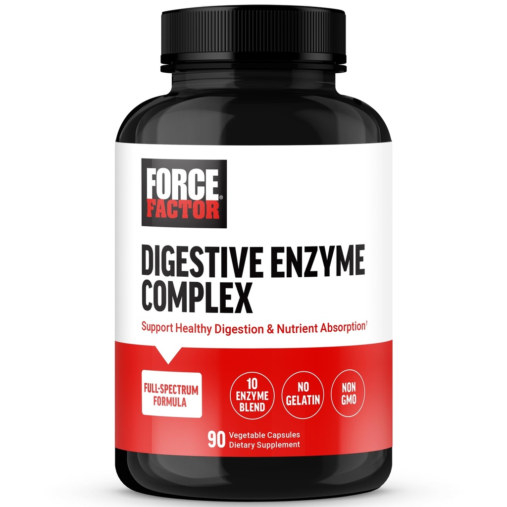 FORCE FACTOR Digestive Enzymes Complex to Support Digestive Health, Gut Health, 여성 및 남성용 Bloating Relief 제공, Full-Spectrum 10 Digestive Enzymes, Non-GMO, 90 캡슐