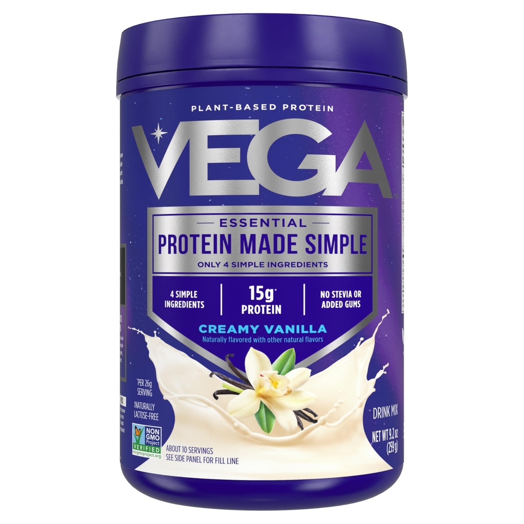 Vega Protein Made Simple Protein Powder, Vanilla - Stevia Free, Vegan, Plant Based, Healthy, Gluten Free, 여성 및 남성용 완두 단백질, 9.2 oz (패키지 May Vary)