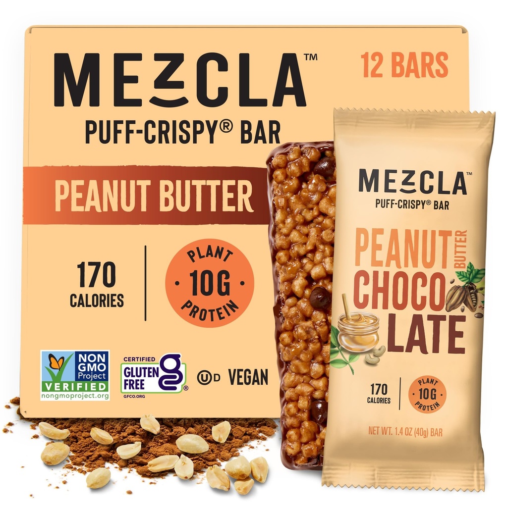 Mezcla 퍼프 Crispy Protein Bar, 글루텐 무료 & Vegan Protein Bar, 10g Protein, Crispy Rice Treat, Granola Bars & Breakfast Bar, 성인을위한 건강한 스낵, 땅콩 버터 초콜릿, 12 팩