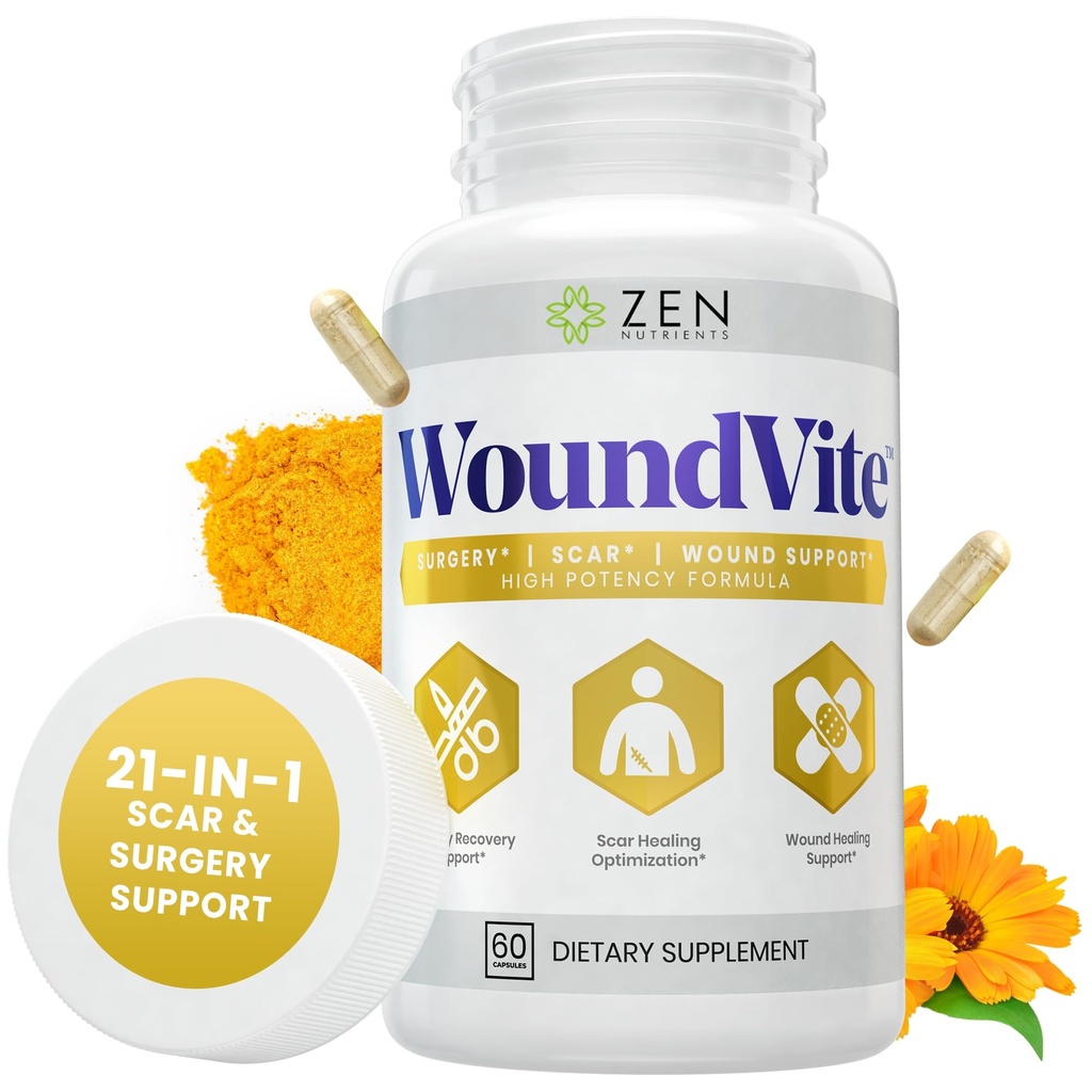 Zen Nutrients WoundVite Pre & Post Surgery 지원, 흉터 및 부상 치료, 흉터 치료, 플라스틱 및 일반 수술, 치유 패스너 & 복구 시간의 보조 w / Bromelain, Turmeric & Arnica - 60 Vegan Cap