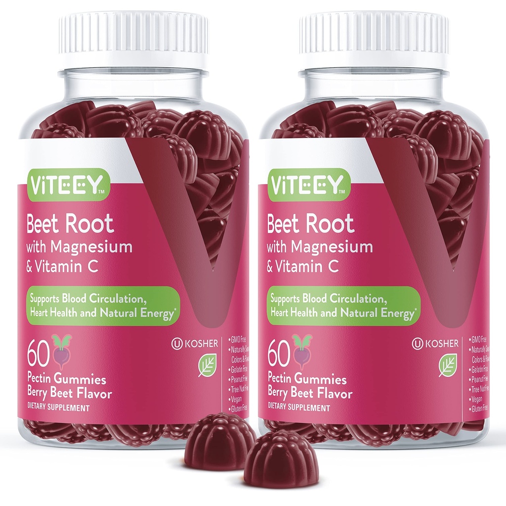 마그네슘과 비타민 C를 가진 Viteey Beet 뿌리 Gummies - 심장 건강, 혈압 지원을 위한 Beetroot 보충교재 - Vegan, 글루텐 자유로운 - 120 조사