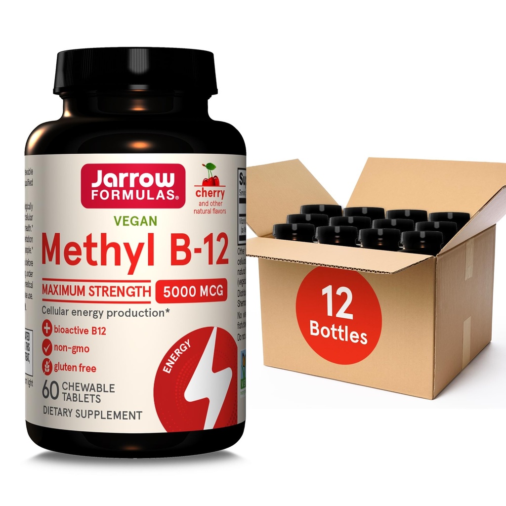Jarrow 공식 최대 힘 메틸 B-12 5000 mcg, 셀룰러 에너지 생산과 뇌 건강 지원, 60 Cherry-Flavored Chewable 정제, 60 일 공급, 12의 팩
