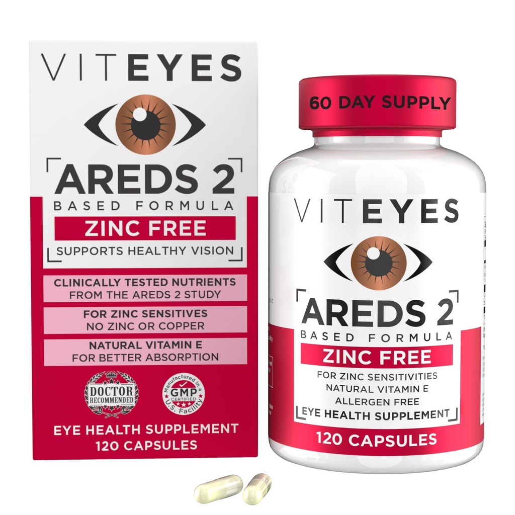 Viteyes AREDS 2 아연 자유로운 Macular 지원, 비타민 E, 비타민 C, Lutein & Zeaxanthin를 가진 자연적인 Allergen 자유로운 캡슐, 아연 없음, 구리 없음, 미국, 120 Ct에서 제조되는 눈 의사