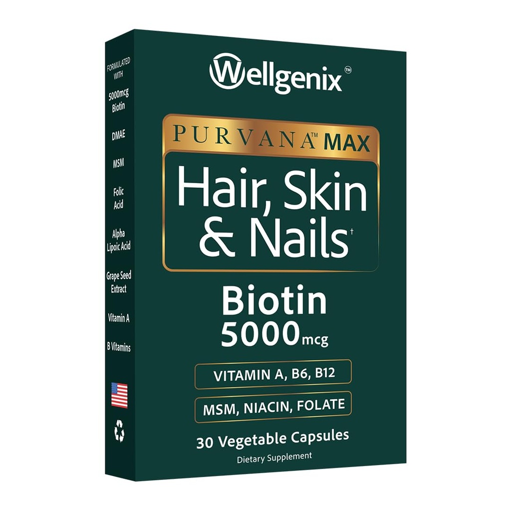 Wellgenix Purvana Max Hair, Skin 및 Nails Vitamin - Double Strength Biotin 5000 MCG, VIT A & B, Folic Acid, Grape Seed Extract - 헤어 지원 보충 -30 캡슐 (팩 1)