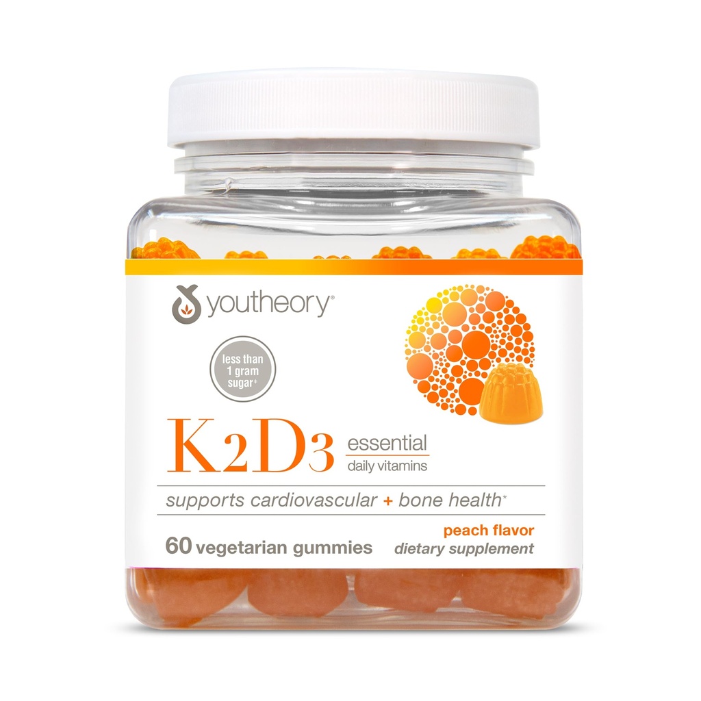 Youtheory K2D3 - 뼈 & 심장 건강 지원 * - 비타민 D3 & 비타민 K2 - 낙농장, 콩 & 글루텐 무료 - 복숭아, 60 채식 구미
