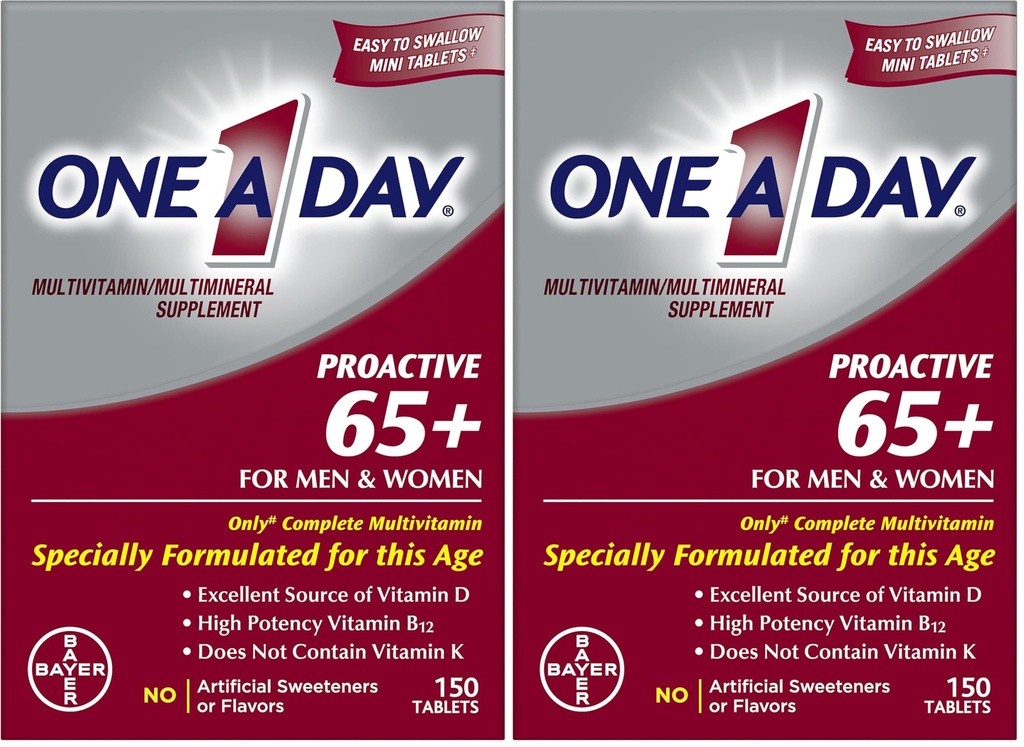 1 일 Proactive 65 +, 남성 및 여성 다비타민, 비타민 A, 비타민 C, 비타민 D 및 이마네 건강 지원 *, 칼슘, 엽산 및 기타, 정제 150 개 (팩 2)