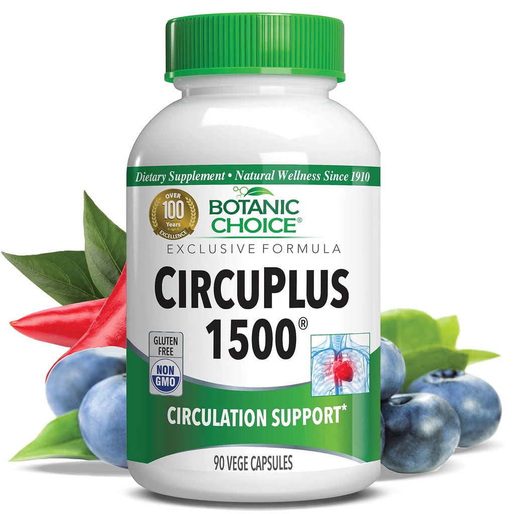 Botanic Choice CircuPlus 1500 - 심장 건강 및 순환 및 정맥 지원 보충 - 비타민 B1, 카이엔 페퍼, Hawthorn, Ginkgo Biloba 성인 남성 및 여성 (90 캡슐)