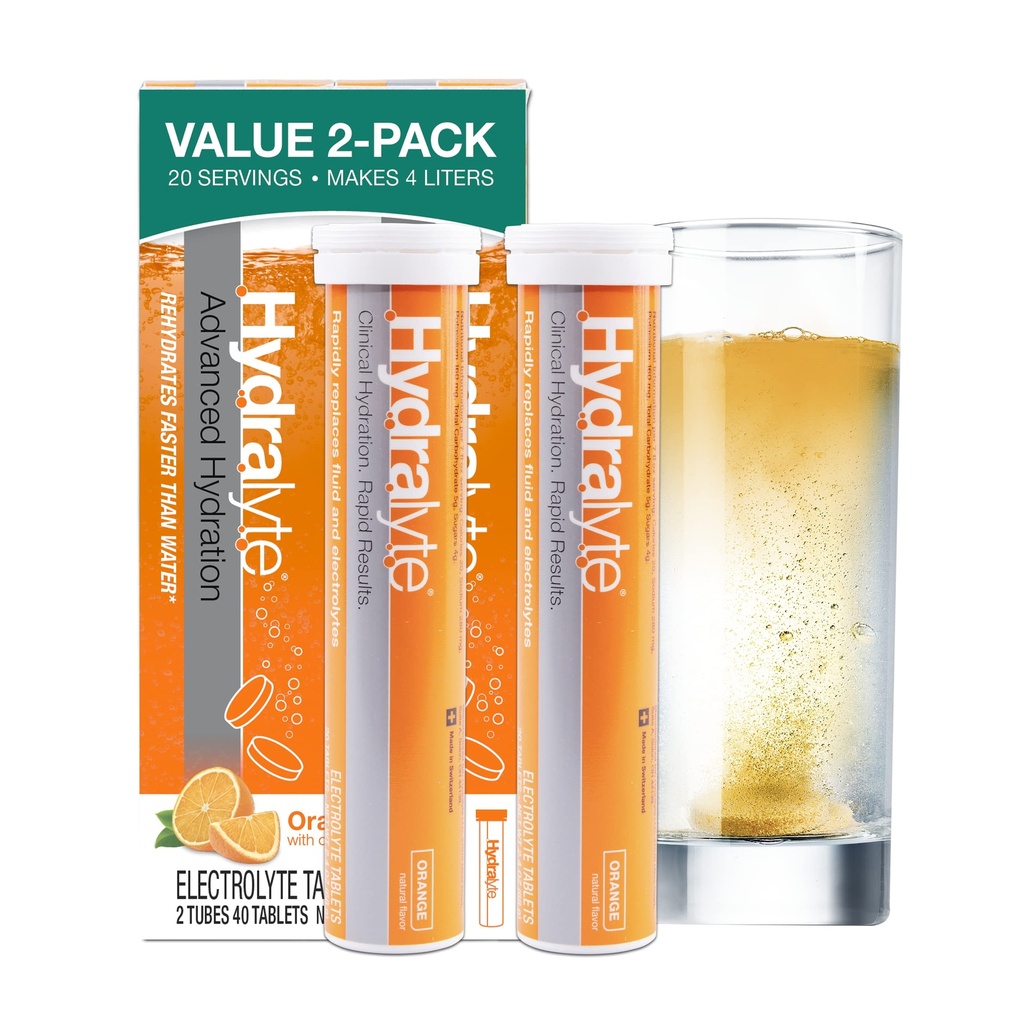 Hydralyte Electrolyte Tablet | 40 Orange Electrolytes | Rapid Rehydration에 대한 비행기 여행 필수 | Hydration Tablets - 즉시 Electrolytes (20 서빙, Serve 당 2 정제)