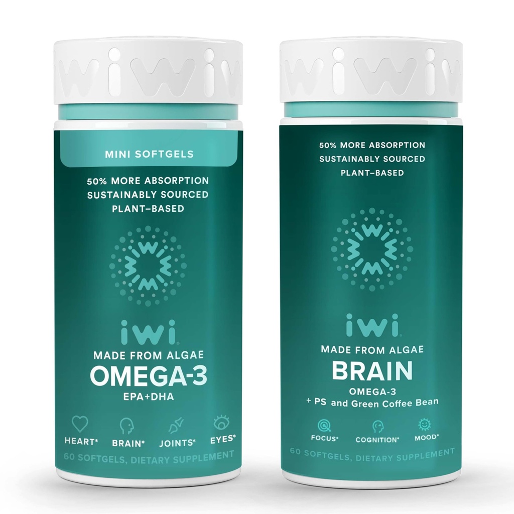 Iwi Omega-3 Minis & Brain Omega-3 번들, 30 서빙, Vegan Plant 기반 조류 오메가 3 EPA + DHA, Krill & Fish Oil Alternative, No Fishy Aftertaste