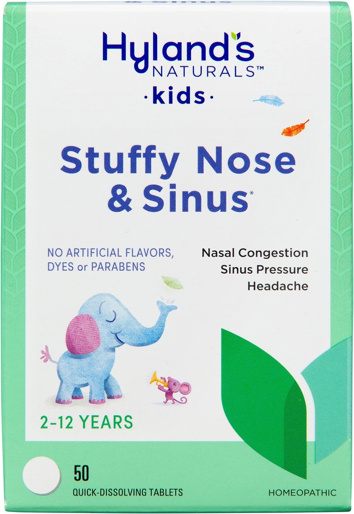 Hyland의 Kids Stuffy Nose 및 Sinus Tablets, 어린이 연령 2 및 위, 두통 구호 및 Nasal Decongestant, 빠른 용해 정제, 50 개