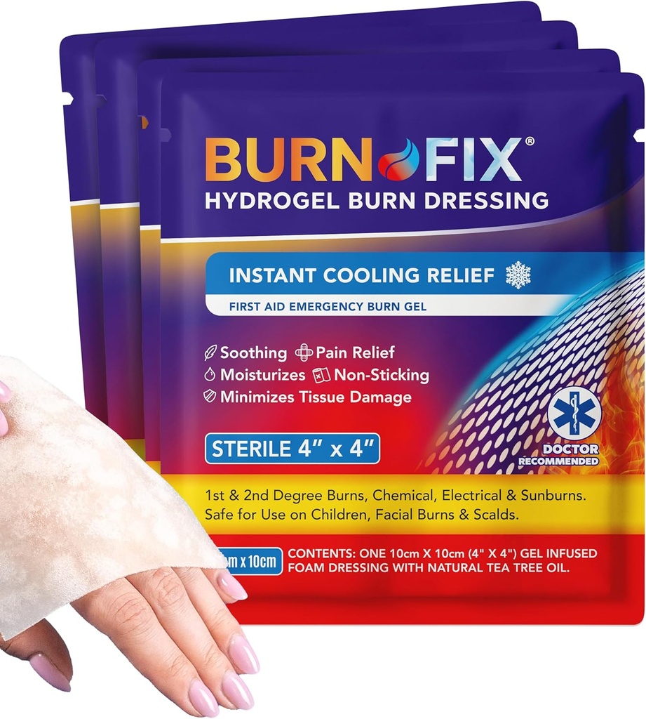BurnFix® - 4 Pack-Burn Gel Dressing 4 x 4" Burn Care Cream First Aid 트리트먼트. 1st, 2nd Degree Burns, Razor & Sunburns for Home, Work, Fire, EMS에 대한 즉각적인 통증 완화 Hydrogel Burn Dressing