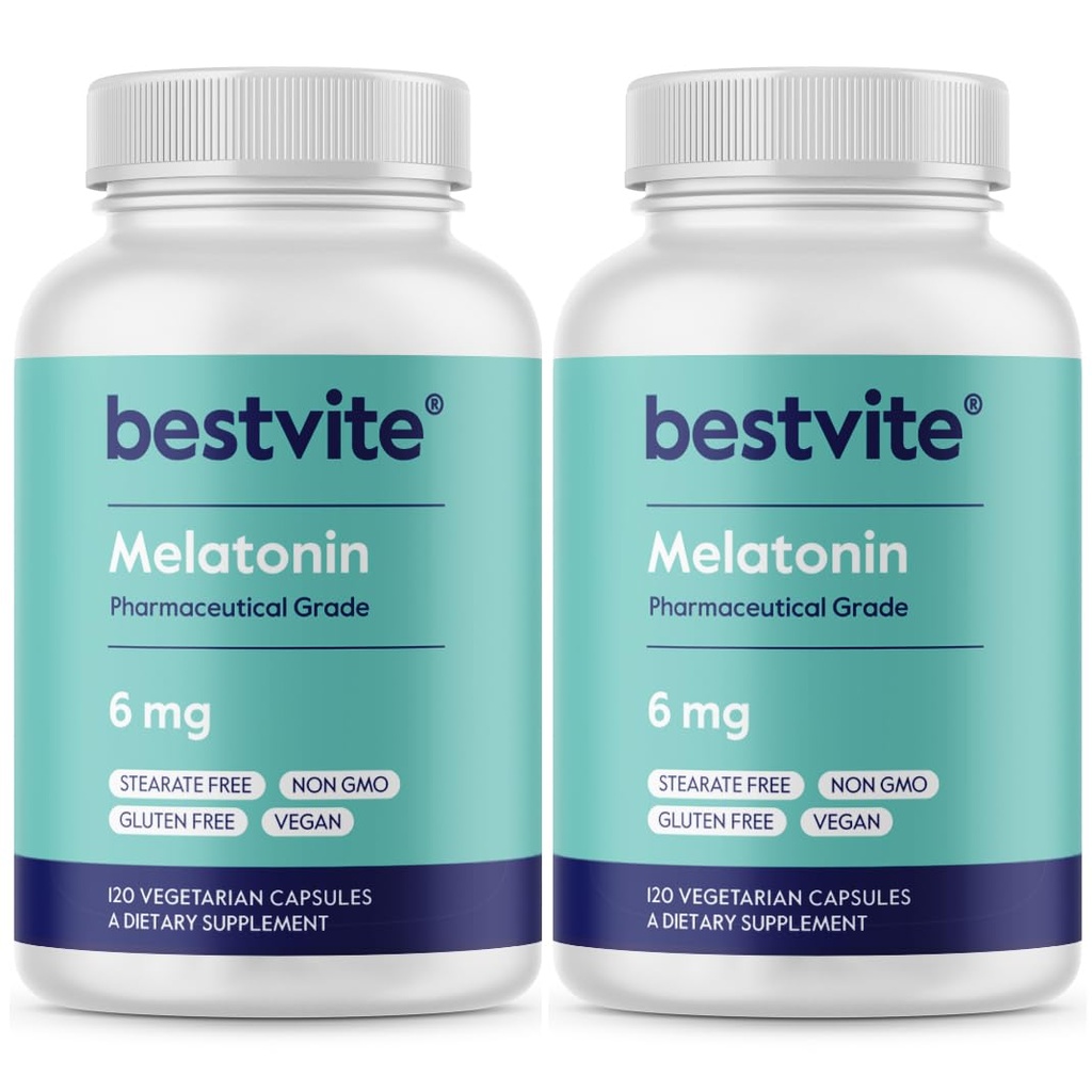 BESTVITE Melatonin 6mg (240 채식 캡슐) (120 x 2) - Stearates 없음 - Vegan - 비 GMO - 글루텐 무료