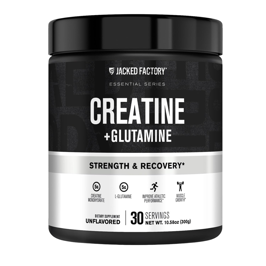 Jacked Factory Creatine + 글루타민 - 근육 회복, 근육 성장, 증가 된 힘, 향상된 에너지 출력 및 Gut 건강을위한 L 글루타민과 크레아틴 보충 - 30 서빙, 불발