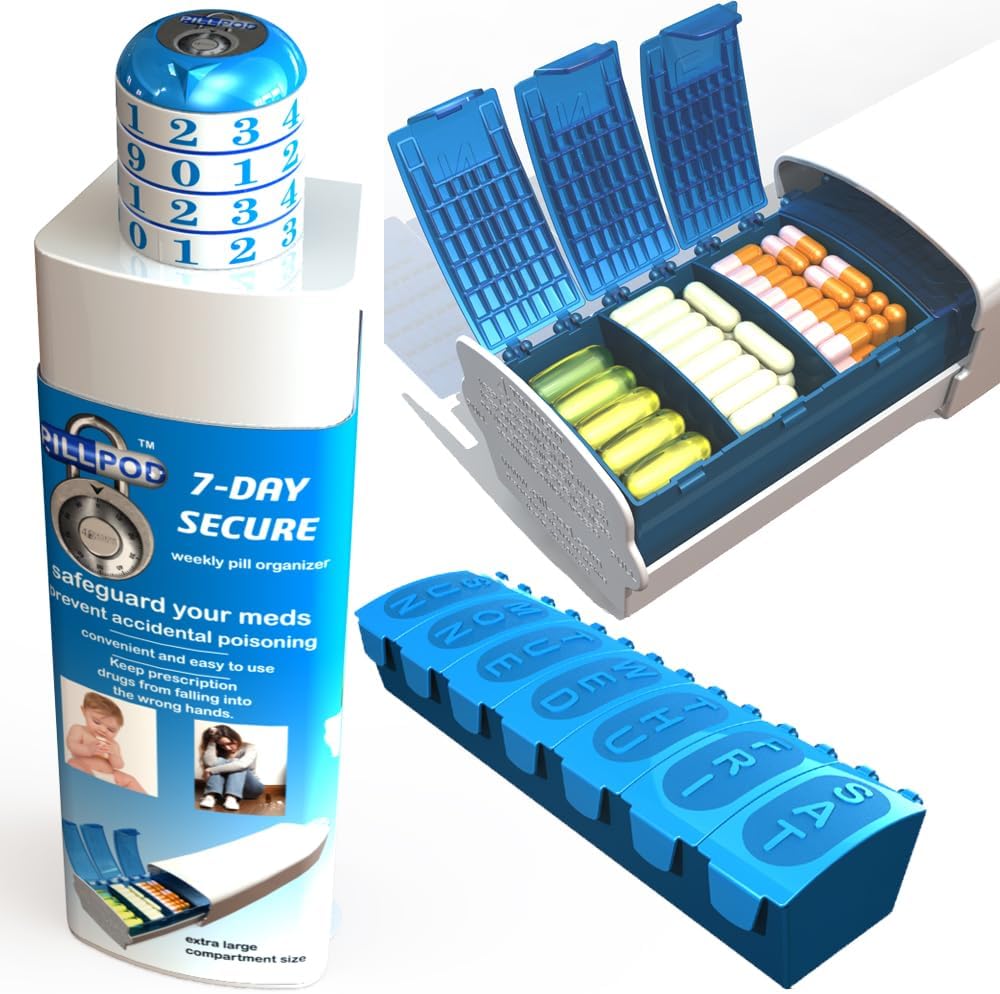 Pill Pod 7 Day Secure, Locking Pill 주최자, Child-Resistant Medication Lock Box, Extra Large Weekly Pill Planner, 친절한 수석