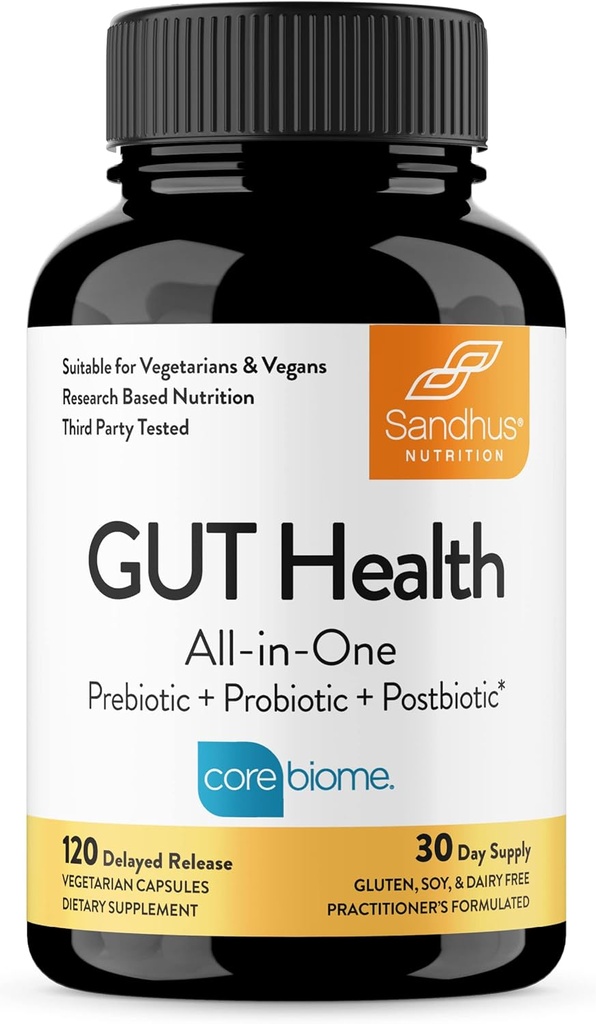 Sandhu's Gut Health - Prebiotic, Probiotic, Postbiotic & L-Glutamine | 소화 건강, 콜론, Probiotic Total Supplements | 120 지연 릴리즈 캡슐