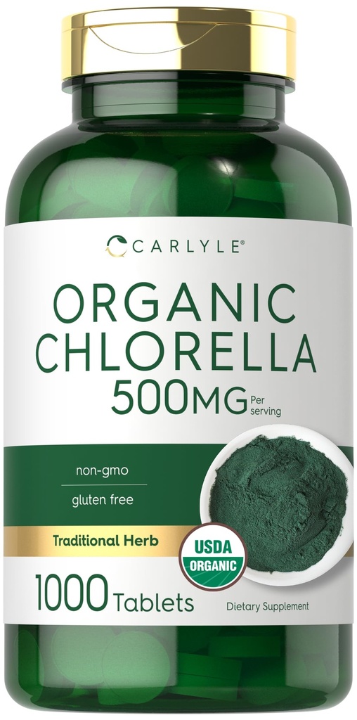 Carlyle Chlorella 정제 유기 500 mg | 1000 개 | 채식주의, 비 GMO 및 글루텐 무료 보충