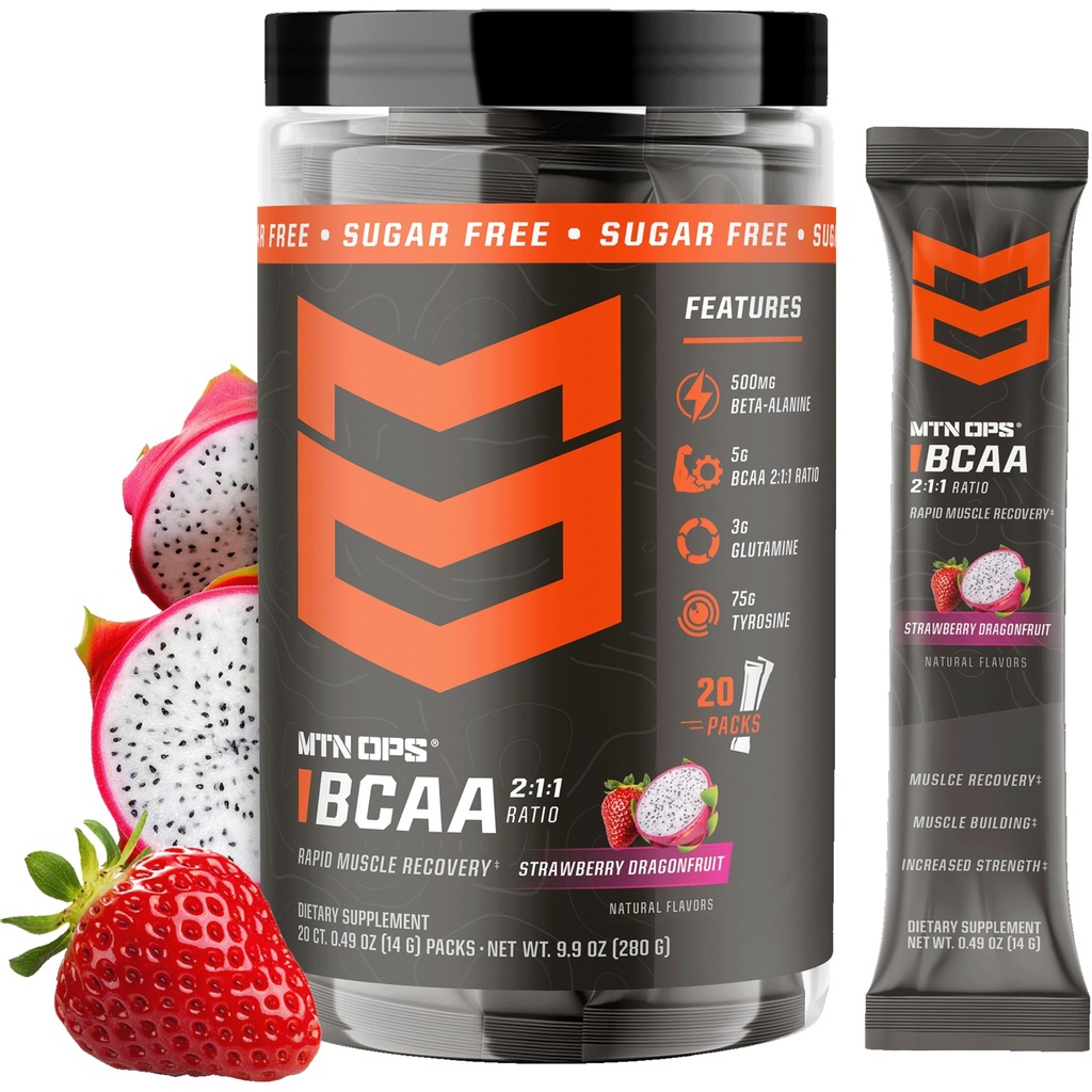 MTN OPS BCAA 분말 2 : 1 : 1 Amino Acids 보충 분말 Rapid Muscle Recovery & Repair with Zero Sugar & Gluten Free - 20-Servings, Strawberry Dragonfruit Trail Packs