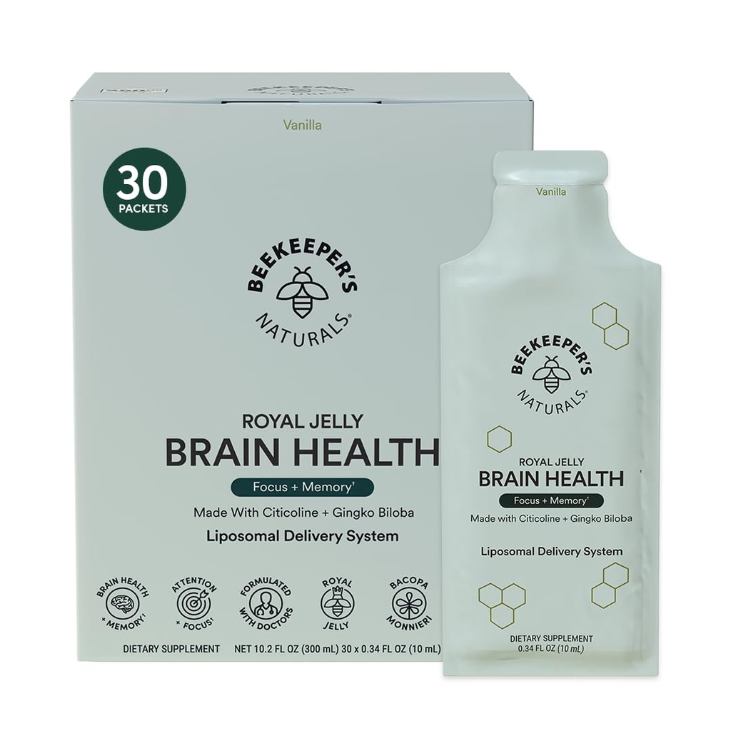 Beekeeper's Naturals, 500mg Citocoline, Ginkgo Biloba, Bacopa Monnieri & Royal Jelly의 Nootropic 두뇌 보충, 초점 및 기억, Easier 흡수, 더 맛있은 바닐라 맛, 30ct