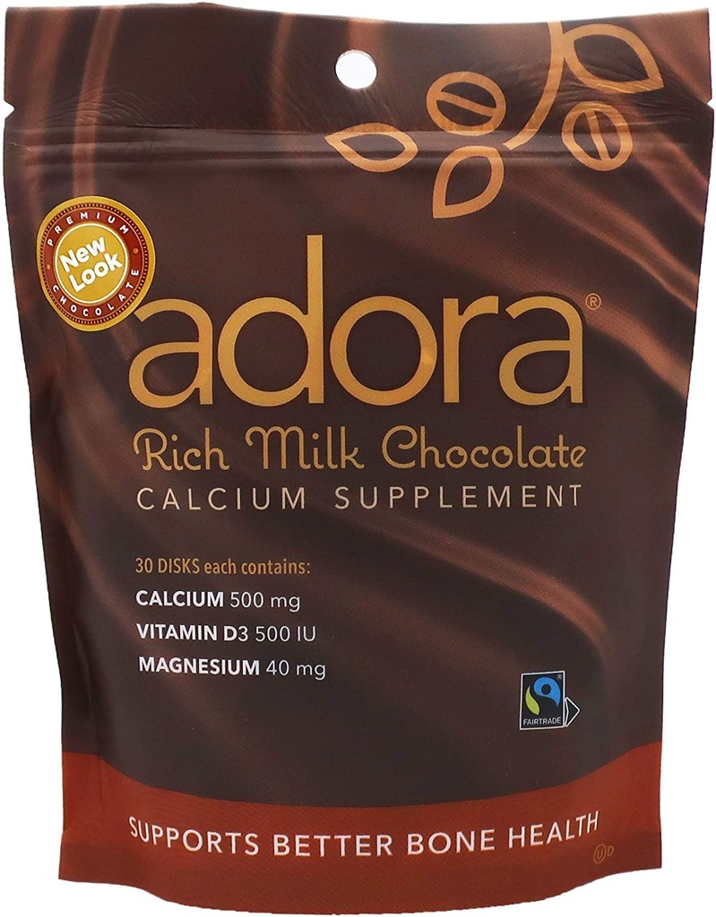 Adora 프리미엄 비타민 D3 마그네슘과 칼슘 보충, 500 mg, 우유 초콜렛, 30 조사