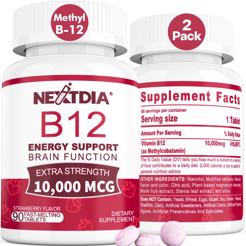 B12 비타민 10,000 mcg, 메틸을 섞은 비타민 B12 이하 언어 - 에너지 부스트, 초점, 대사 및 뇌 건강 지원, 면역 체계 지원, 빠른 용해, 자연적인 딸기 풍미, 180의 서빙