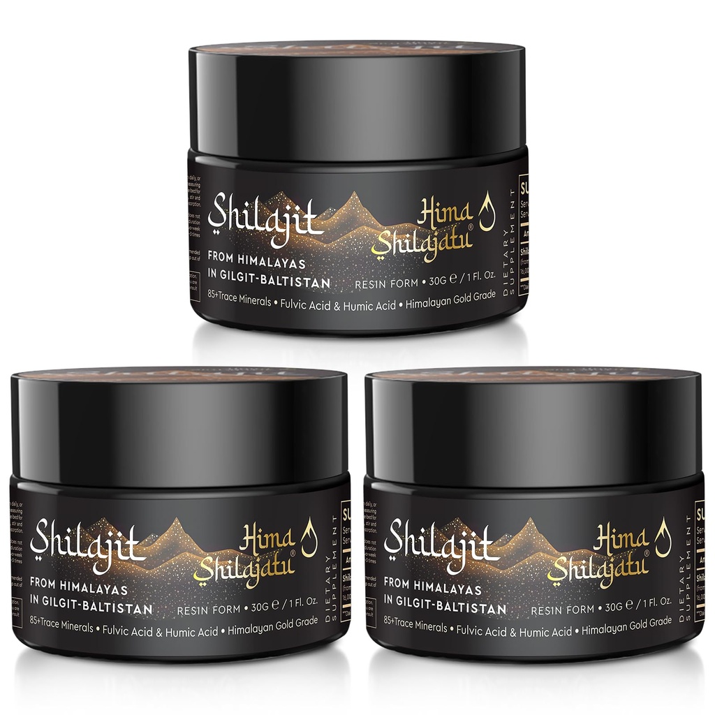 Shilajit Purest Himalayan 유기 Shilajit 수지 - Fulvic 산과 골드 100 % 순도 Shilajit & 에너지 및 면역 지원을위한 85 + 추적 광물 단지, 3 팩 (6 개월 공급)