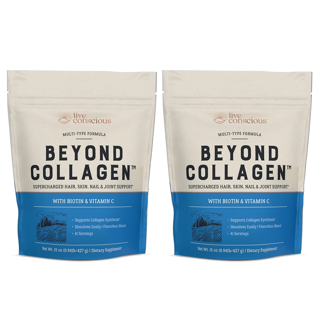 Collagen Multi Collagen Powder를 넘어서는 라이브 컨소시시엄 - 유형 I, II, III, V & X | Biotin & Vitamin C (2-Pack)와 함께 친환경적이고 가수분해 혼합