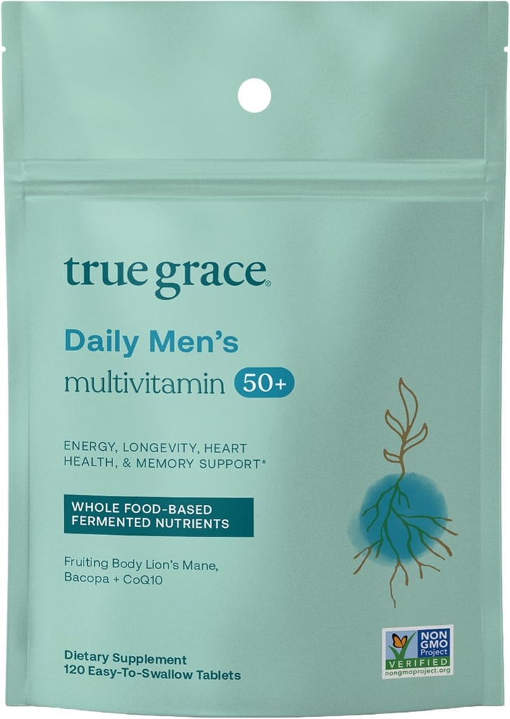 True Grace Daily Men’s Multivitamin 50+ - 120 간편한 태블릿 - 면역, 에너지, 장수 및 메모리 지원 - 글루텐 무료, Soy Free, Vegan - 60 서빙