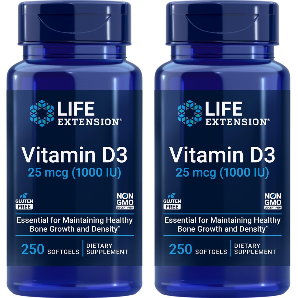 수명 연장 비타민 D3 25 mcg (1000 IU), 면역 체계 지원, 뼈 건강, 몸 건강, 가치 크기, 글루텐 자유로운, 비 GMO – 2 팩 - 2 x 250 Softgels