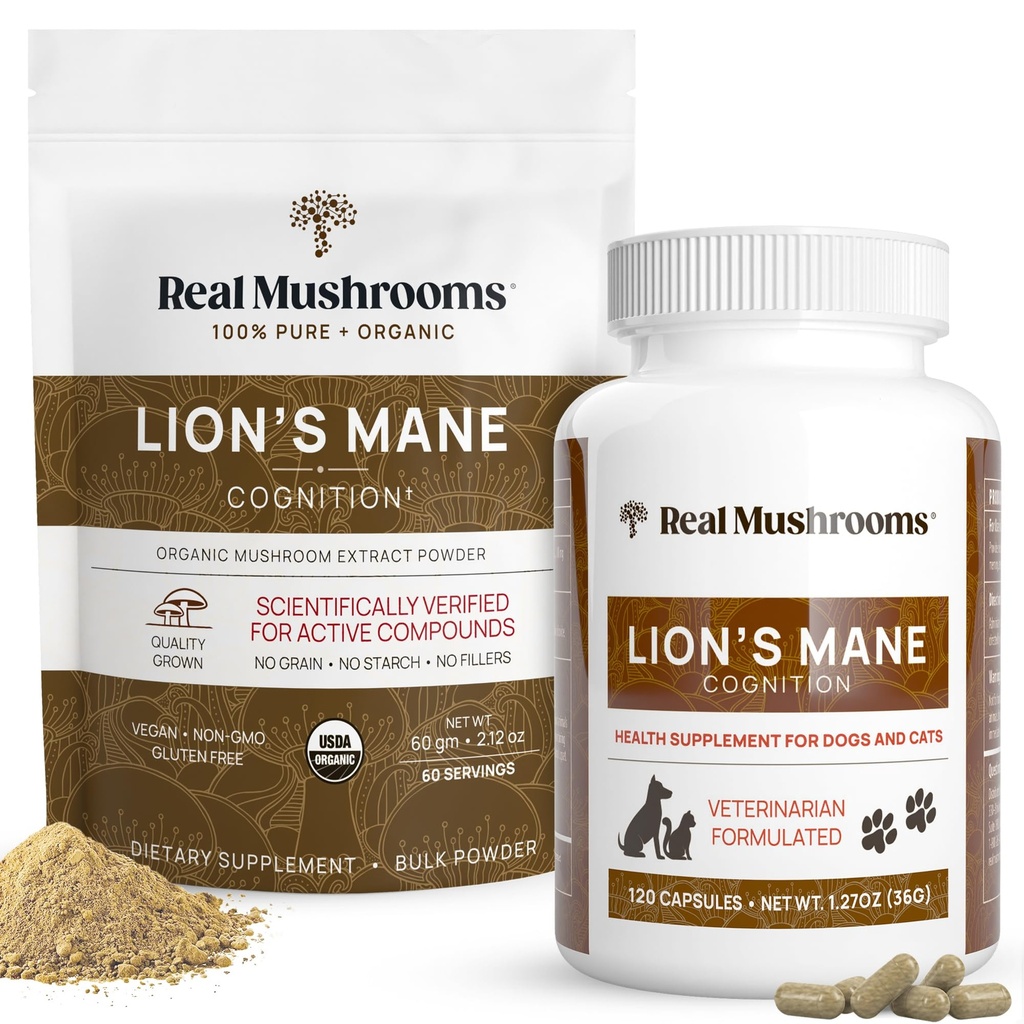 인간 (60의 서빙) 및 애완 동물 (120ct)을위한 실제 버섯 사자 Mane - Cognition & Immunity 용 분말 및 캡슐 묶음 - Vegan, Non-GMO, Gluten-Free, Grain-Free 버섯 추출물 보충제