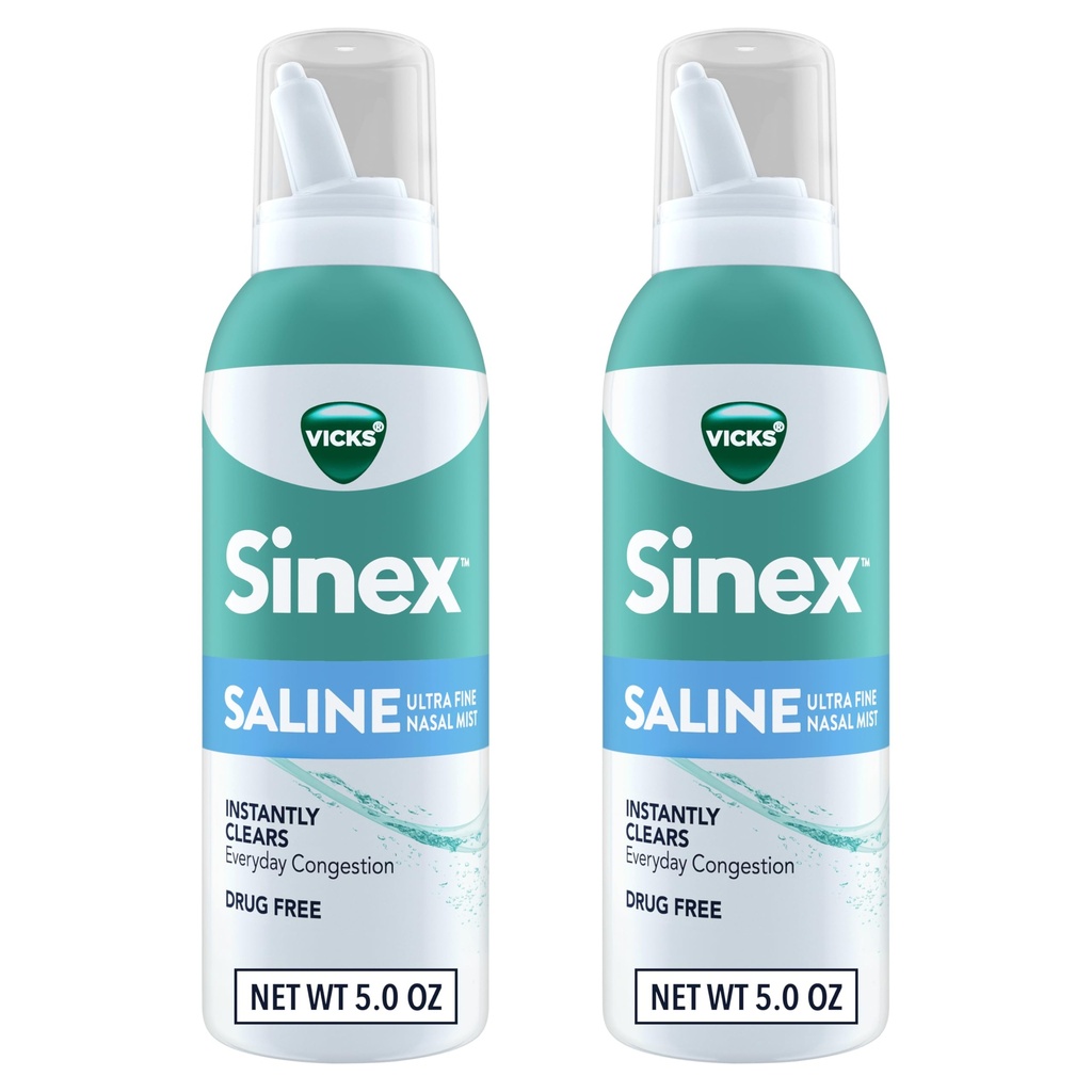 Vicks Sinex SALINE Nasal 스프레이, 약물 무료 Ultra Fine Mist, Clear Everyday Sinus Congestion 빠른, 콜드 또는 알레르기에서 명확한 Mucus, 매일 사용 5.0 fl oz x 2