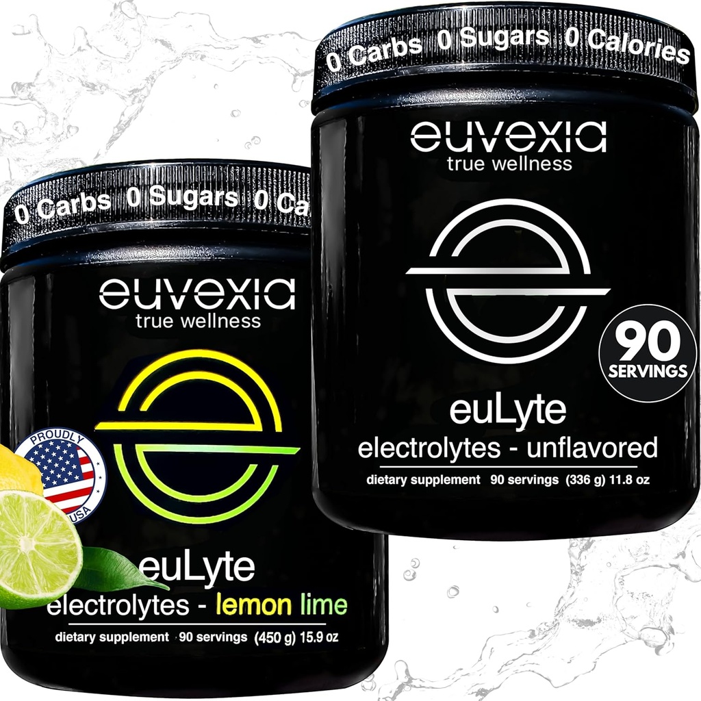 Euvexia Dr Ekberg euLyte Electrolytes 번들 | Unflavored + Lemon Lime Variety Pack | 설탕 80 + 미네랄이 함유 된 무료 전해질 분말 | 90 서빙 각 맛 | Keto Fasting Hydration Support