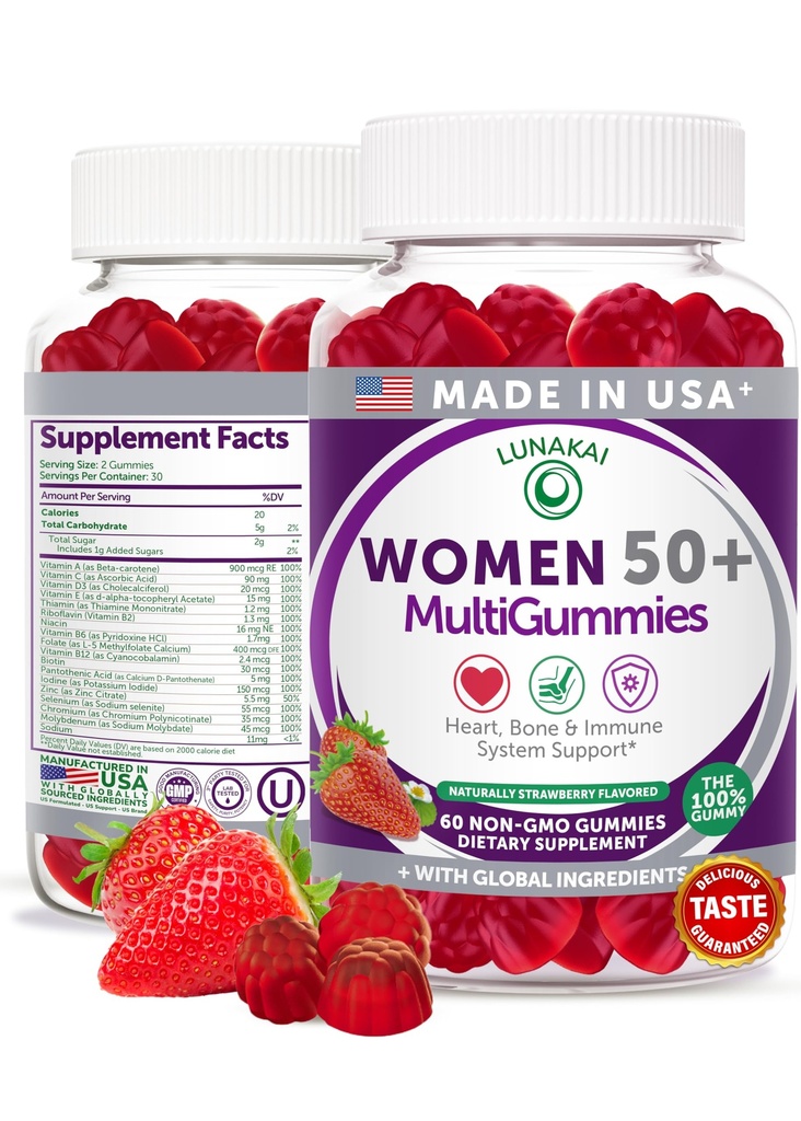 Lunakai USA Made 50 Plus Women's Multivitamin Gummies - 건강 및 활력을위한 필수 비타민 및 미네랄 강화 - 60ct