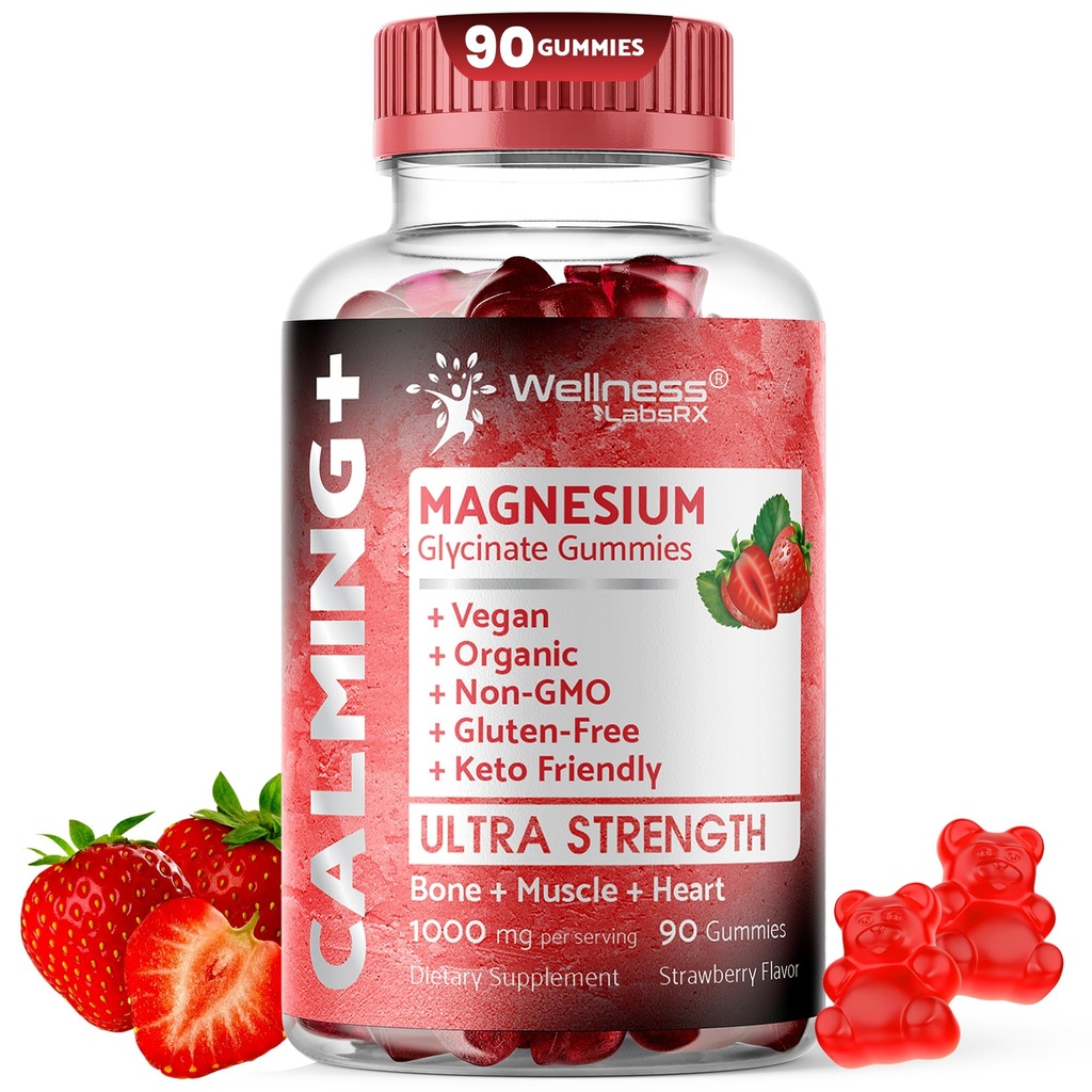 마그네슘 글리세린 Gummies, 1000 mg - 마그네슘 보충, 심장 건강 - 성인, Glicinato De Magnesio - 딸기 풍미를 위한 Chewable Calm Magnesio Gummies