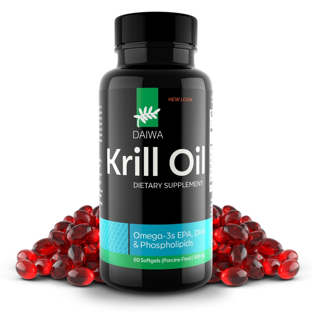 Daiwa Krill 오일 1000mg Softgels - EPA DHA 오메가 3 아스타타크릴 오일 보충 - 관절, 뇌 지원 및 심장 건강을위한 천연 솔루션 - 60 / ct