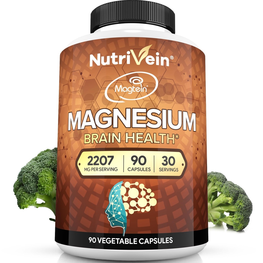 Nutrivein 프리미엄 Magtein 마그네슘 L-Threonate 보충교재 2207 mg - 90의 모자 (3 일): 뇌, 수면, 계류 및 회복을 위한 높은 흡수 마그네슘 계통
