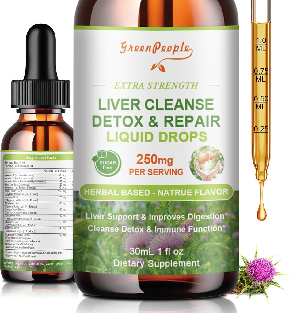 GREENPEOPLE Liver Cleanse Detox & Repair Drops - Liver Supplement w/Milk Thistle Silymarin, Artichoke & Liver Detox & Support- 16x Potent Herb-Nutrients - 1Fl Oz 자연 풍미