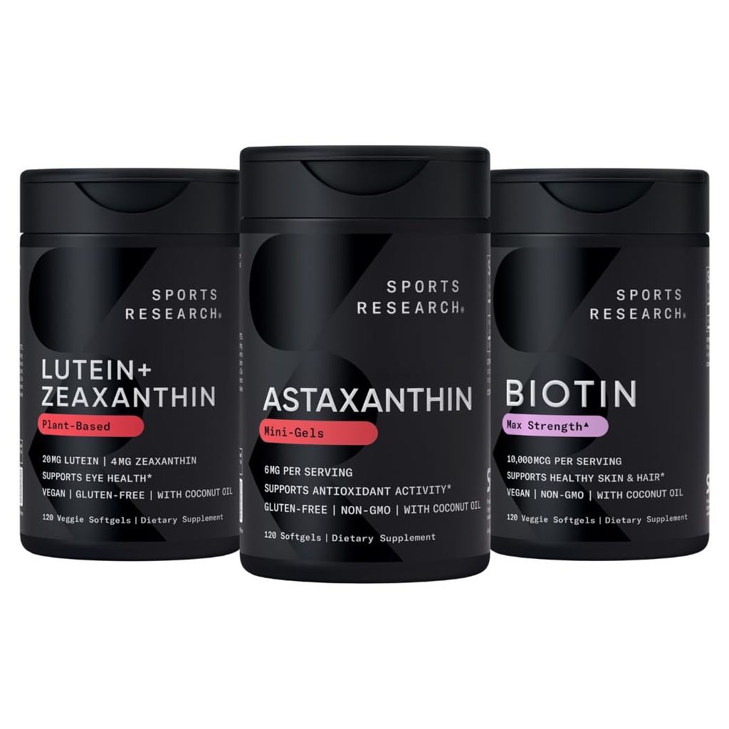스포츠 연구 Biotin (B7) 10,000mcg + Lutein + Zeaxanthin (20mg) + Algae (6mg)의 Astaxanthin 보충교재 - 모든 Vegan | 120 Softgels 각 | 더 나은 흡수를 위한 모든 만드는 코코넛 기름
