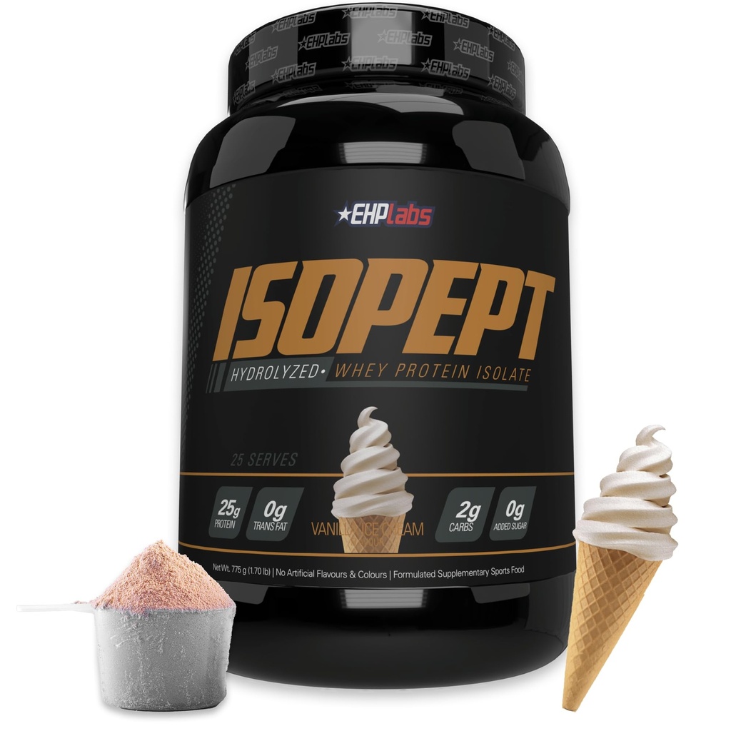 IsoPept Hydrolyzed Whey Protein Powder by EHPlabs - 100 % Whey Protein Isolate & Hydrolysate, 단백질 27g, 비 GMO, 글루텐 무료, 빠른 흡수, 쉬운 소화, 27 Serves (Vanilla Ice-Cream)