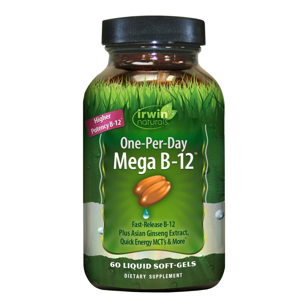 Irwin Naturals One-Per-Day Mega B-12 1,500mcg 높은 Potency Methylcobalamin Vitamin - MCT + Asian Ginseng과 빠른 향상된 흡수 - 천연 에너지 부스트 - 60 액체 Softgels